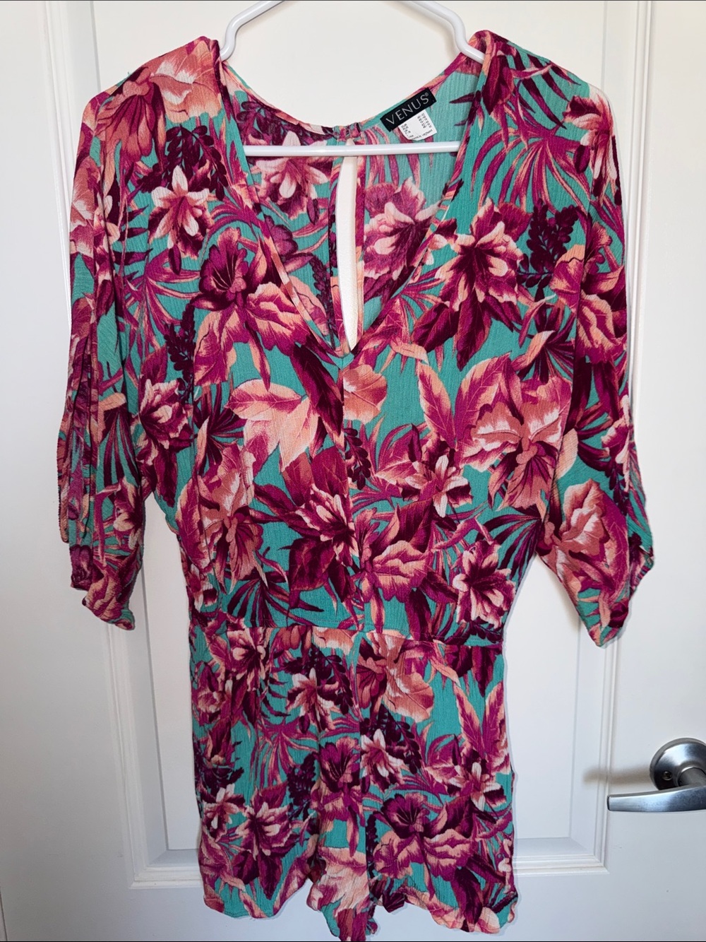 VENUS Teal Floral V-Neck romper with Pink & Magenta Blooms - size M